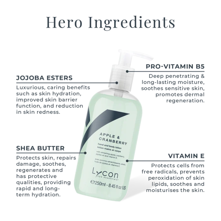 Lycon Apple & Cranberry Hand & Body Lotion met jojoba-olie, provitamine B5 en vitamine E