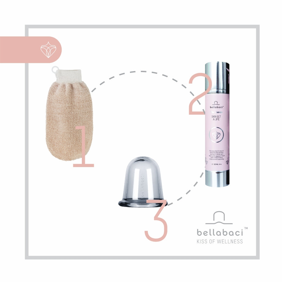 Wellnessritueel van Bellabaci – Skin Get A Life Genie, massagecup en scrubhandschoen