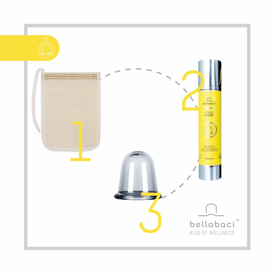 Wellnessritueel van Bellabaci – Stress No More Genie, massagecup en scrubhandschoen