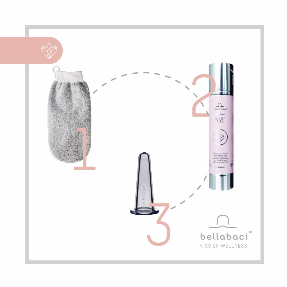 Wellnessritueel van Bellabaci – Skin Get A Life Genie, massagecup en scrubhandschoen