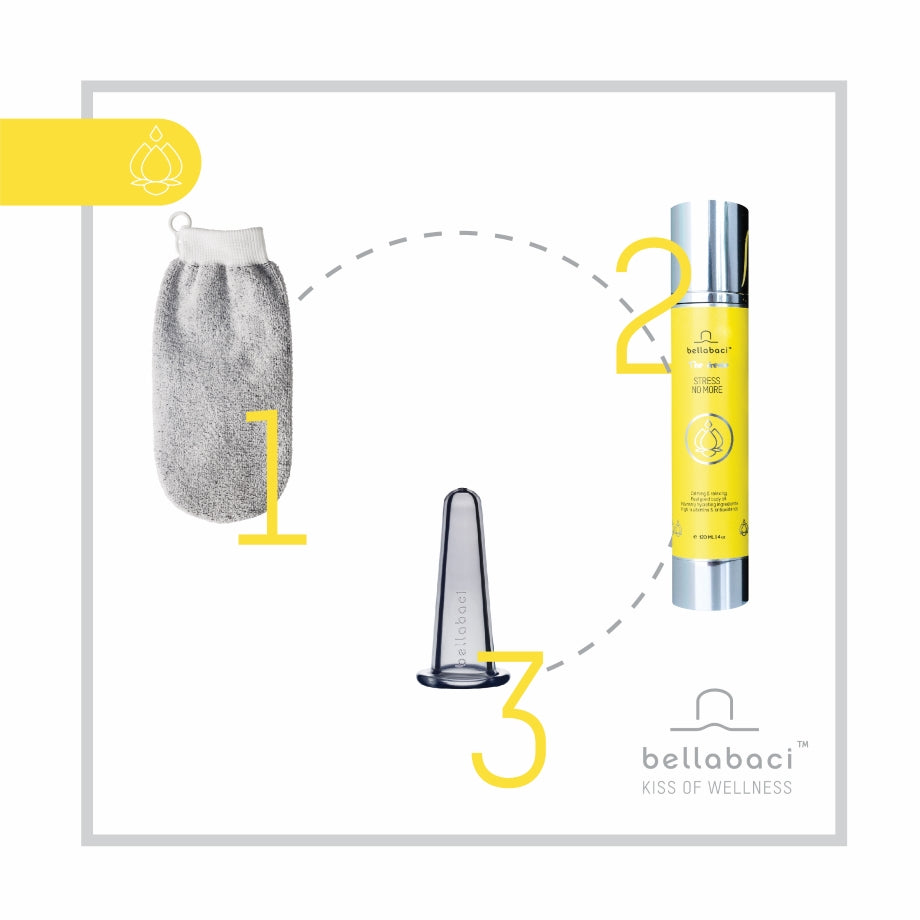 Wellnessritueel van Bellabaci – Stress No More Genie, facial cup en scrubhandschoen