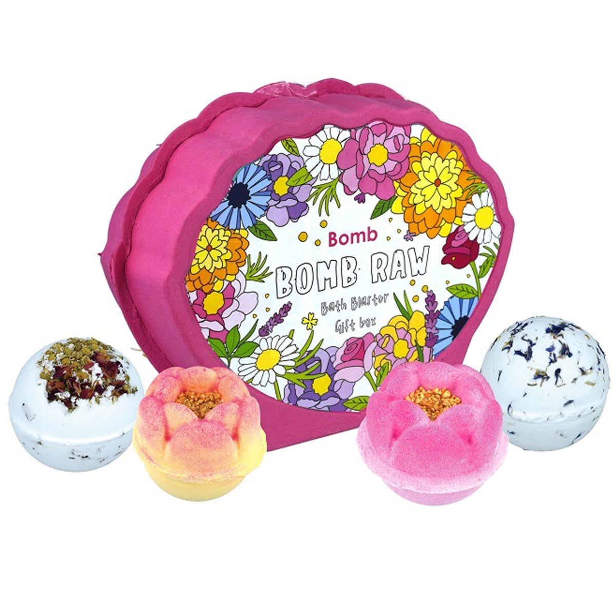 Bomb Cosmetics Bomb Raw Gift Box met 4 bath blasters in bloemige geuren: roos, kamille, korenbloem, marigold en sandelhout