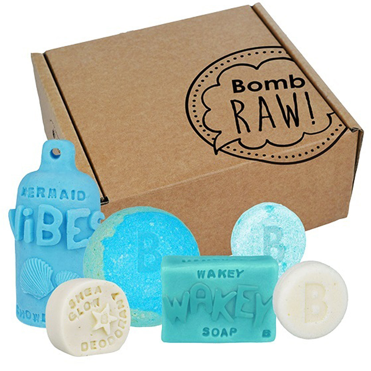 Bomb Raw Starter Gift Pack met 6 handgemaakte producten: shampoo bar, conditioner, zeep, douchegel, deodorant en bruisbal in kraftcadeaubox