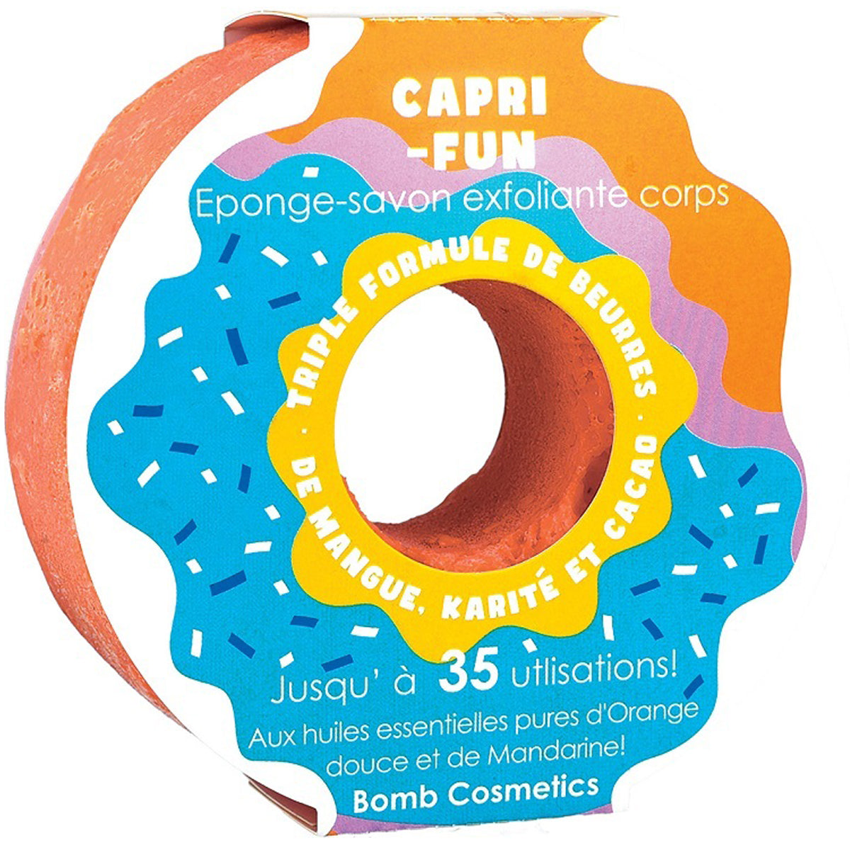 Bomb Cosmetics Capri-Fun Body Buffer – exfoliërende spons met shea-, cacao- en mangoboter, sinaasappel- en mandarijnolie