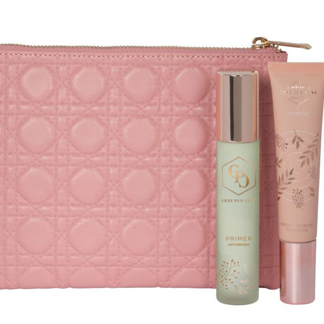 Cent Pur Cent Correct & Glow Kit met Anti-Redness Primer, CC Crème Medium-Dark en roze etui.