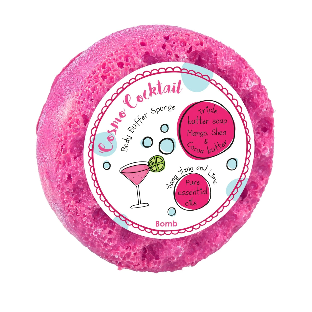 Bomb Cosmetics Cosmo Cocktail Body Buffer – scrubspons met limoen & ylang ylang, fruitig en feestelijk.