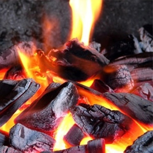 Crackling Firewood Waxmelt – geurblokje van sojawas met houtachtige en kruidige geur van pijnboom, bergamot, sandalwood, patchouli en witte bloemen. Foto van brandende houtskool en vlammen.