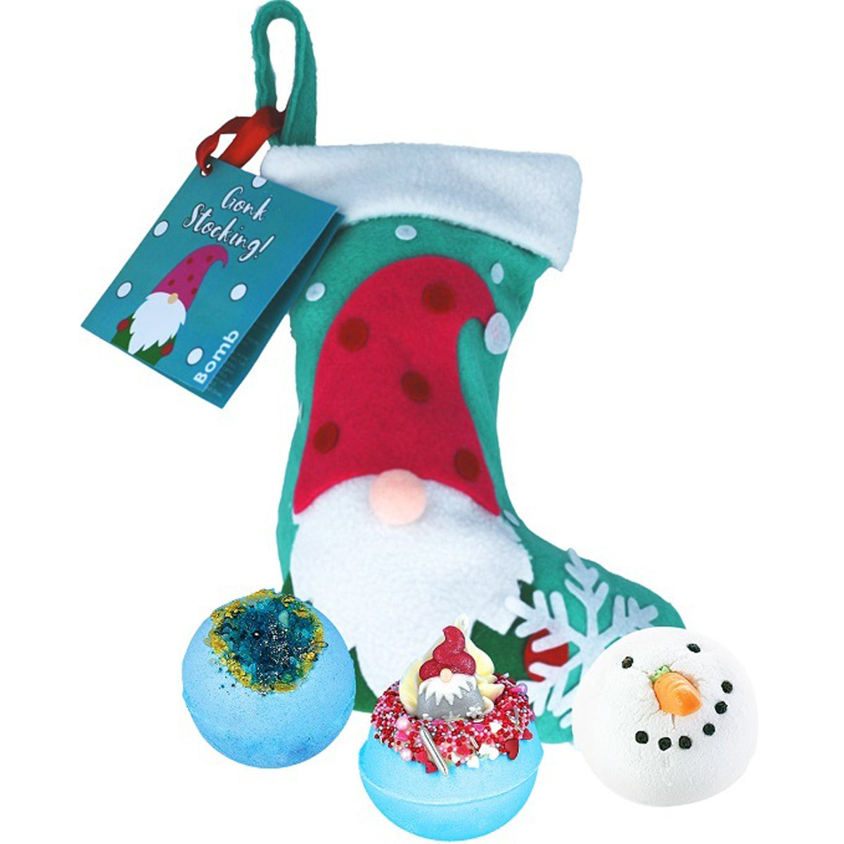 Bomb Cosmetics Gonk Stocking kerstsok gevuld met Crystal Clear, Christmas Gonk en Chilly Willy Bath Blasters