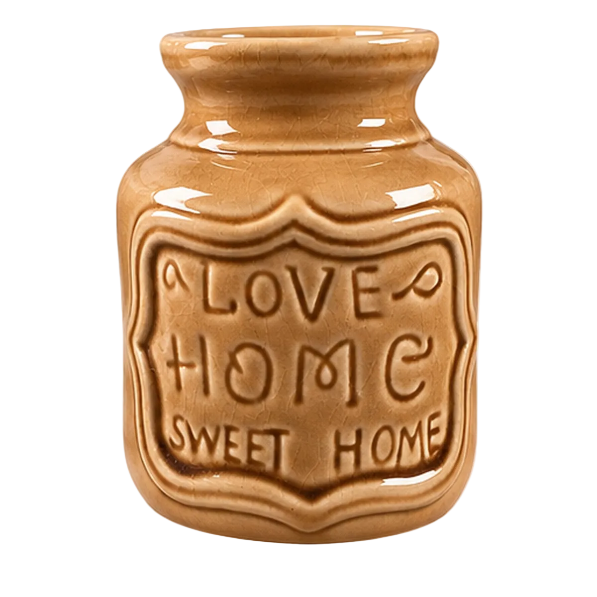 Keramische Home Sweet Home wax brander in caramelbruine kleur met sierlijk reliëf en schaaltje voor waxmelts en geurolie.