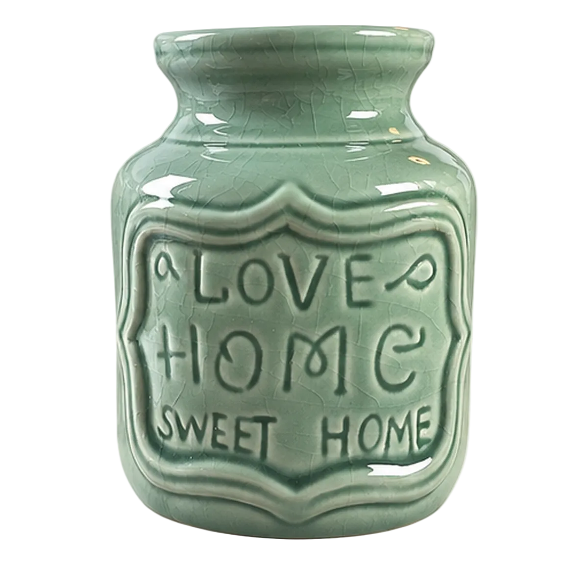 Keramische Home Sweet Home wax brander in zachte zeegroene kleur met decoratieve tekst en schaaltje voor waxmelts.