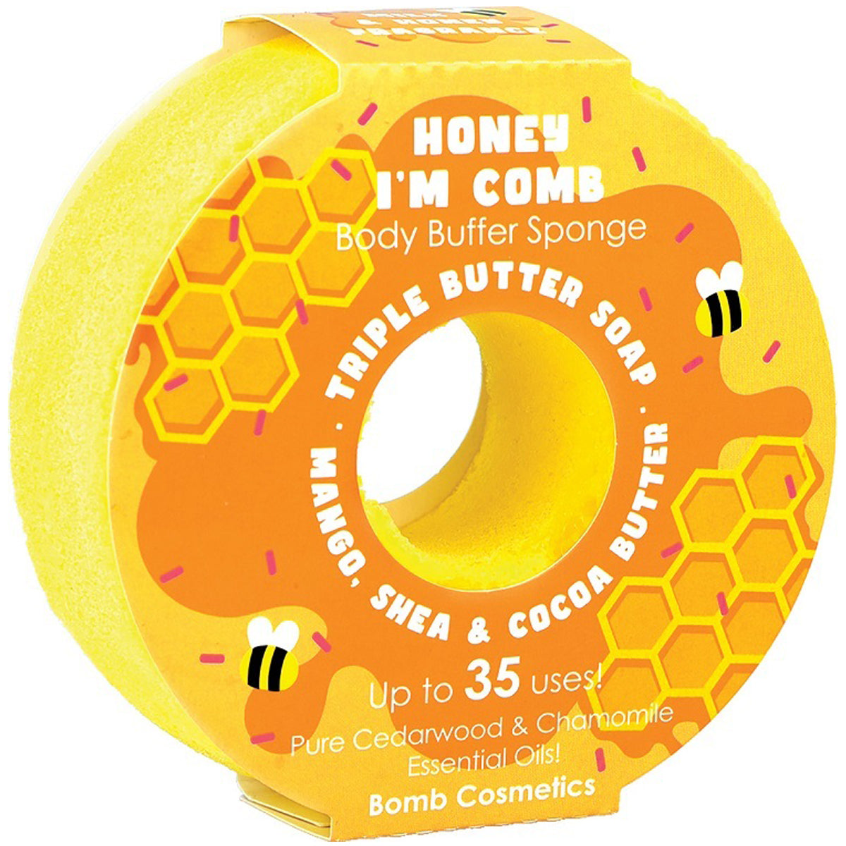 Bomb Cosmetics Honey I’m Comb Body Buffer – exfoliërende spons met shea-, cacao- en mangoboter, cederhout- en kamilleolie