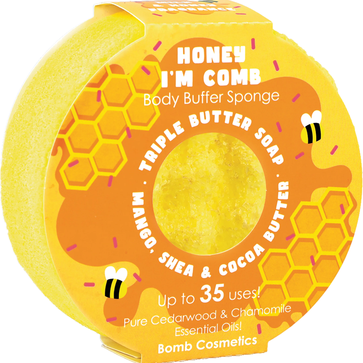 Honey I’m Comb Body Buffer Sponge met honingdesign – exfoliërende spons met cedarwood en kamille