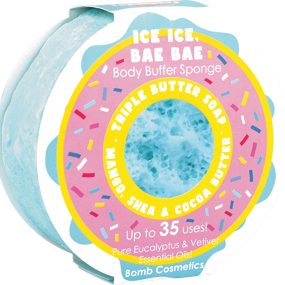 Bomb Cosmetics Ice Ice Bae Bae Body Buffer – exfoliërende spons met shea-, cacao- en mangoboter, eucalyptus- en vetiverolie
