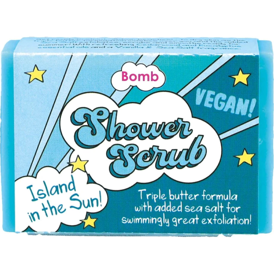 Bomb Cosmetics Island In The Sun Solid Shower Scrub – scrub bar met zeezout, eucalyptus en drie boters voor een frisse, zachte huid