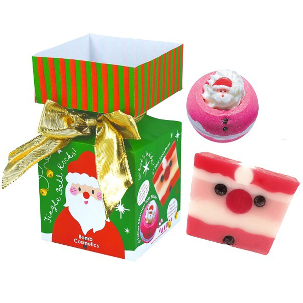 Bomb Cosmetics Jingle Bell Rock kerstcracker met rood-groene verpakking, Santa Bath Blaster en Dear Santa Soap
