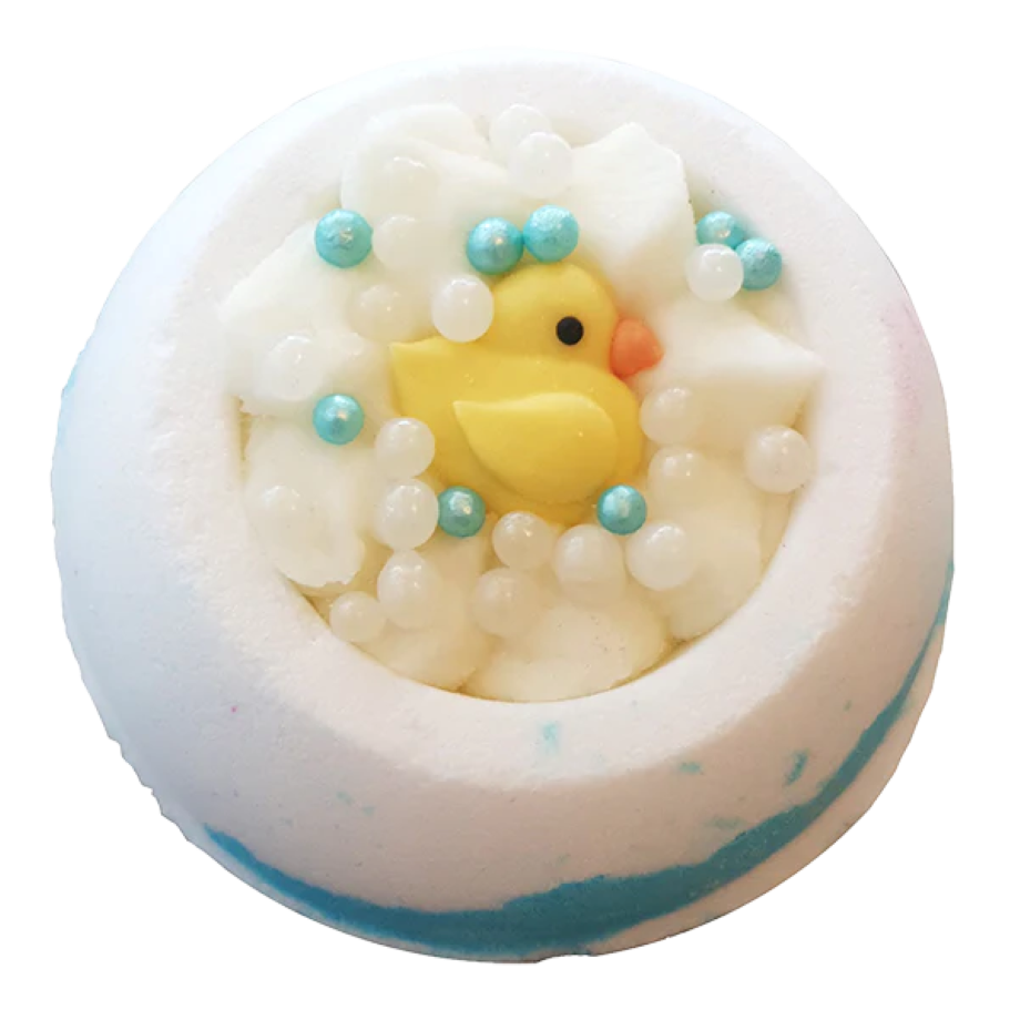 Bomb Cosmetics Little Ducky Bath Blaster met eendje, witte swirl en blauwe accenten in badproduct