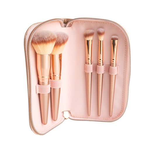 Roségouden Cent Pur Cent brush set opengeklapt met vijf make-upkwasten