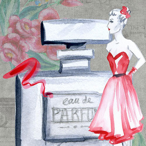 Madam Mamselle Waxmelt – geurblokje van sojawas met bloemige parfumdupe van roos, jasmijn en vanille. Foto van illustratie met parfumfles en vrouw in rode jurk.