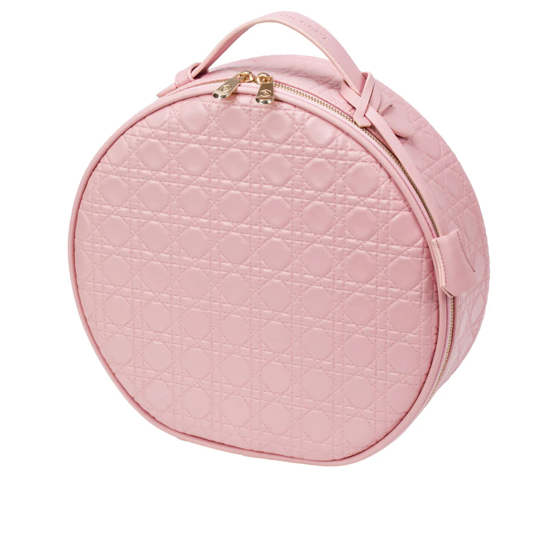 Cent Pur Cent Round Makeup Bag in roze – luxe ronde make-uptas met vakjes.