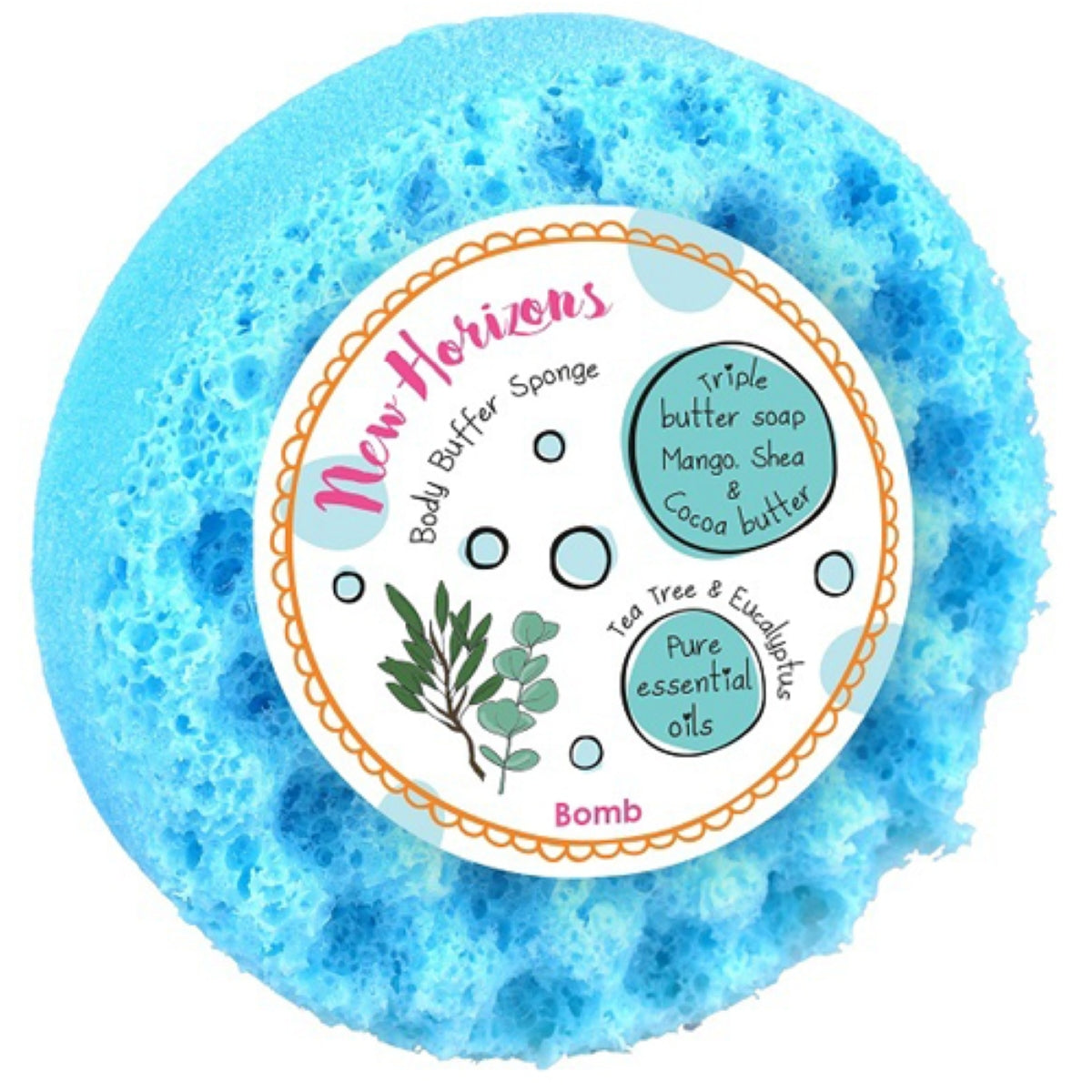 Bomb Cosmetics New Horizons Body Buffer – scrubspons met Shea, Cacao & Mangoboter, tea tree & eucalyptusolie voor een frisse, zijdezachte huid.