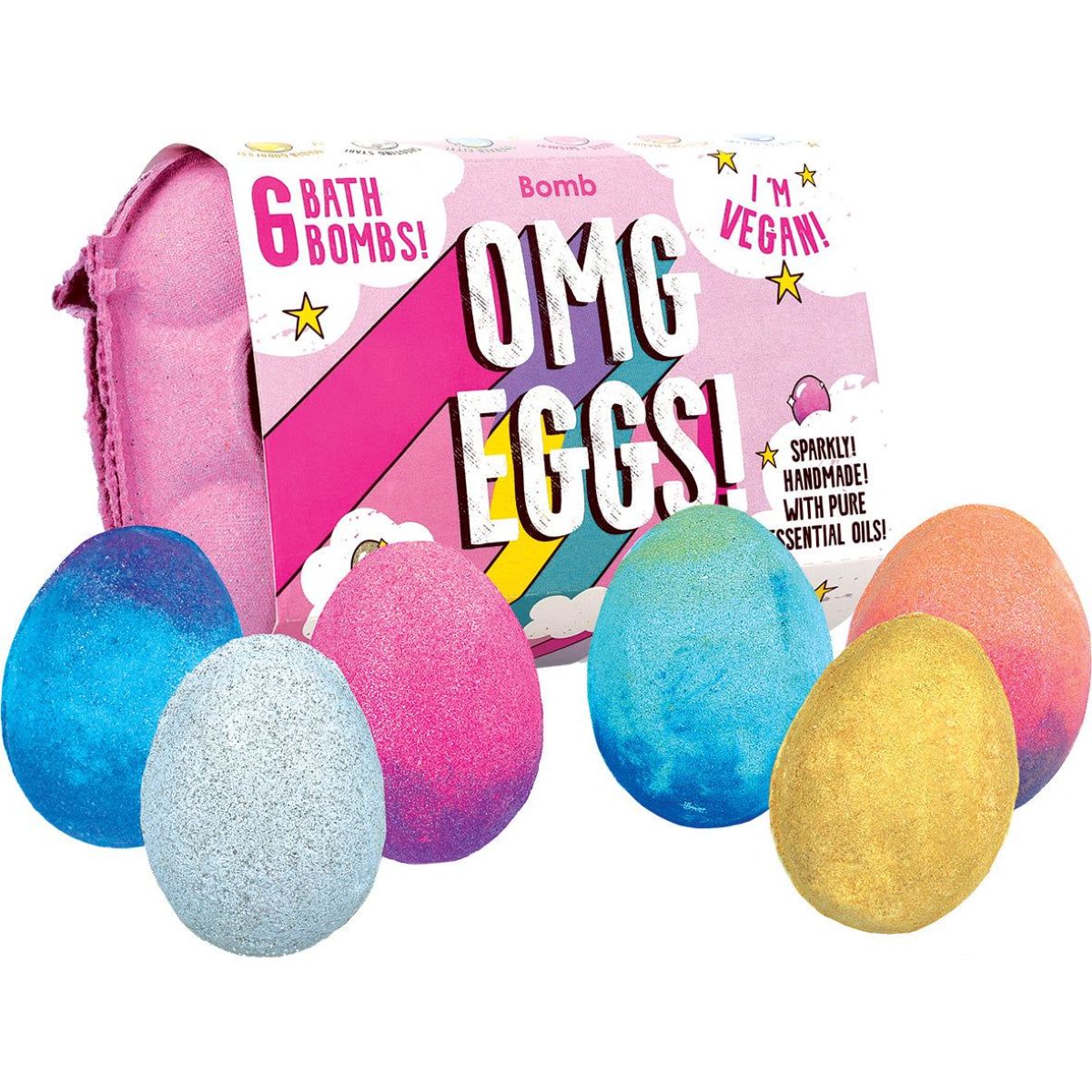 OMG Eggs Gift Pack van Bomb Cosmetics met 6 kleurrijke bath bombs in ei-vorm