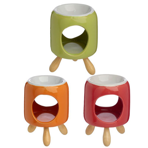 Set van drie keramieken waxbranders in rood, groen en oranje – stijlvolle geurbranders met houten pootjes – Feel So Pure