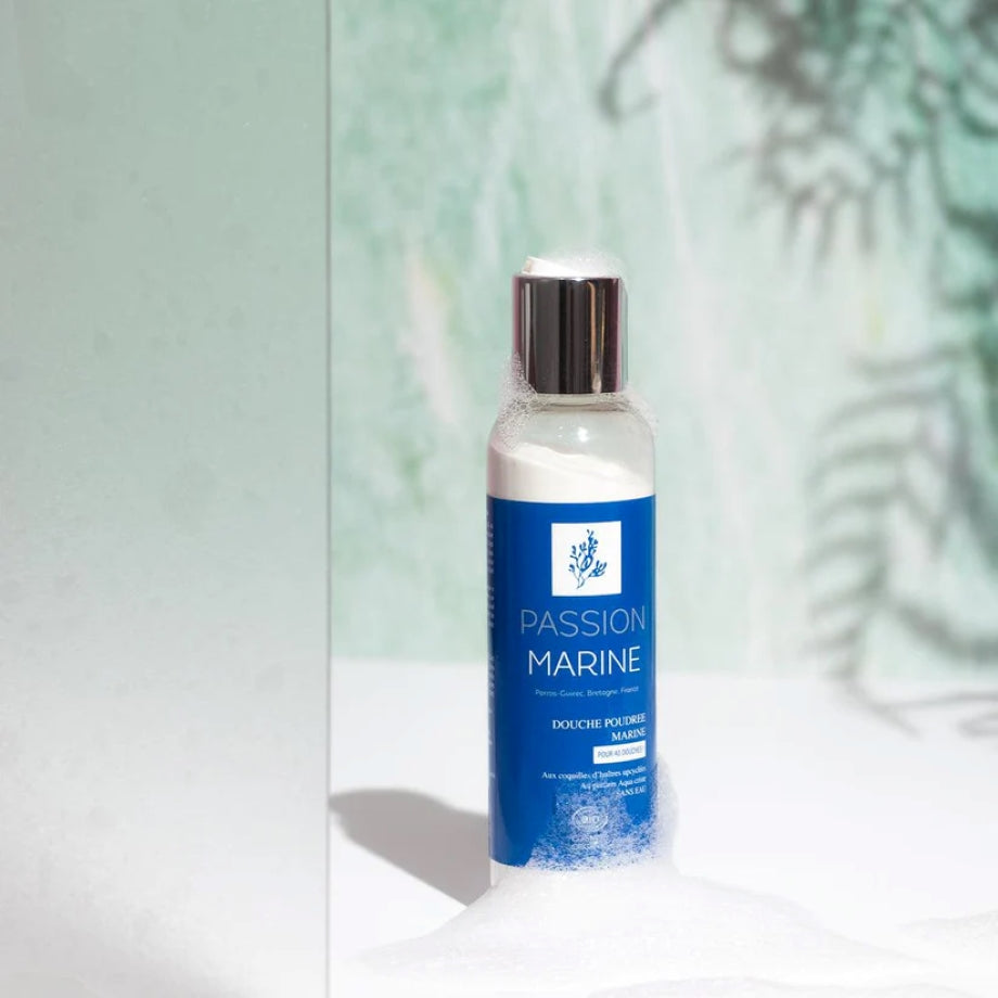 Biologische douchepoeder met fijn vermalen oesterschelpen van de Bretonse kust