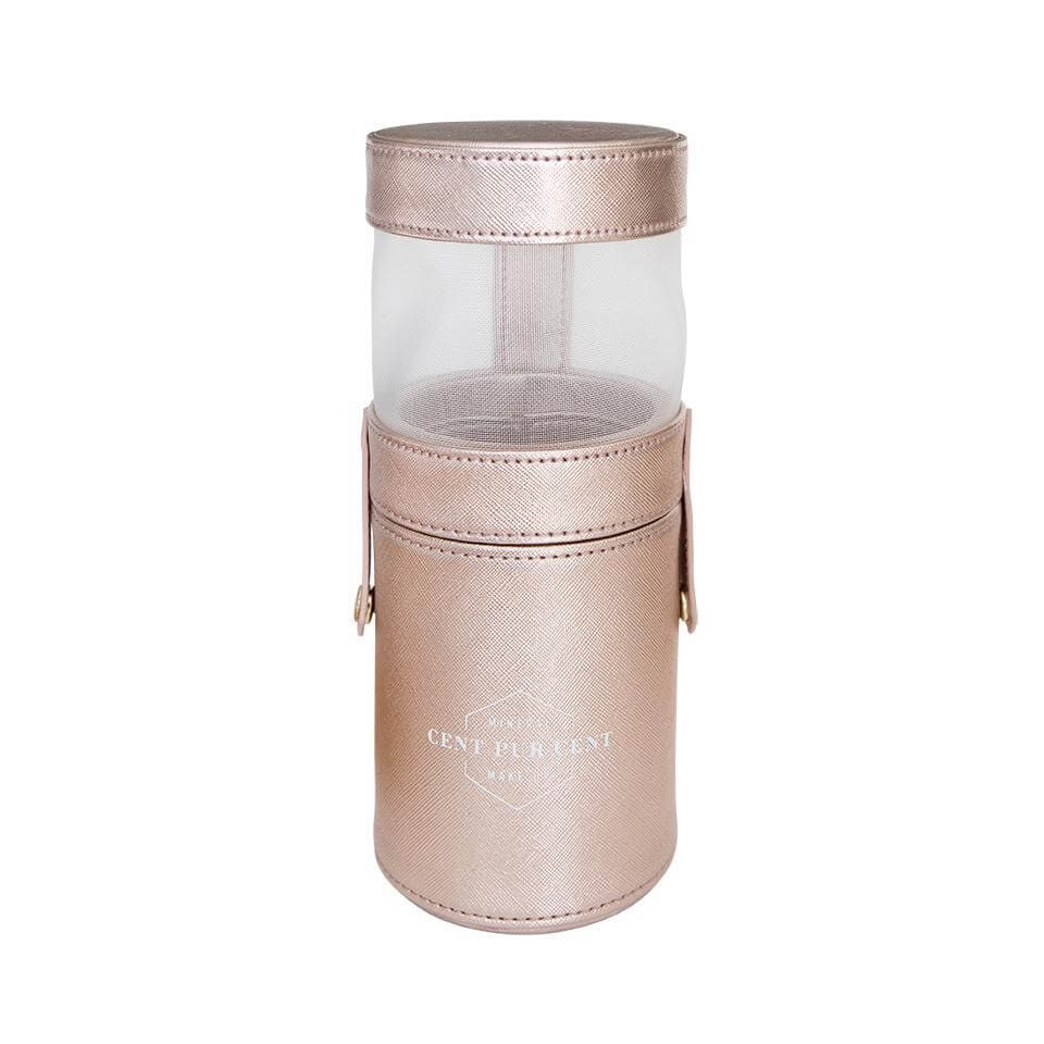 Roségouden make-up houder – Cent Pur Cent brush case opengeklapt op tafel
