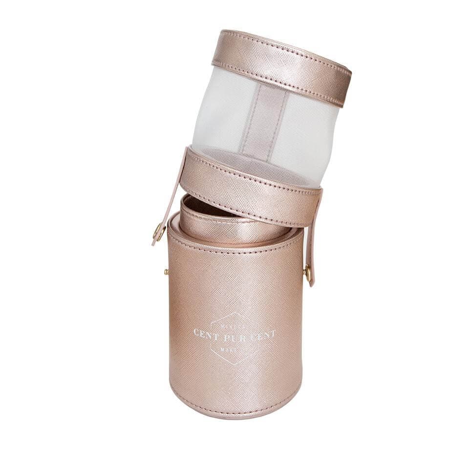 Cent Pur Cent Luxe Brush Holder – openstaande roségouden make-up case met deksel ernaast