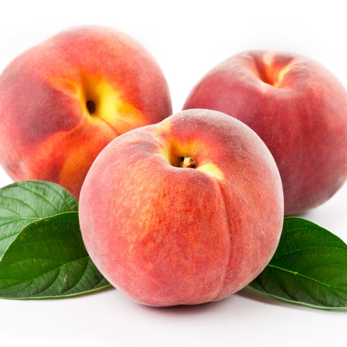 Perzik Waxmelt – geurblokje van sojawas met fruitige geur van rijpe perzik. Foto van drie verse perziken met groene bladeren.