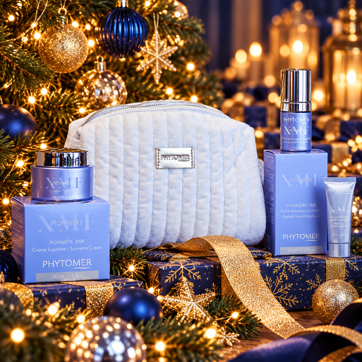 Phytomer Pionnière XMF Supreme Kerstset 2026 met witte pouch en luxe huidverzorging