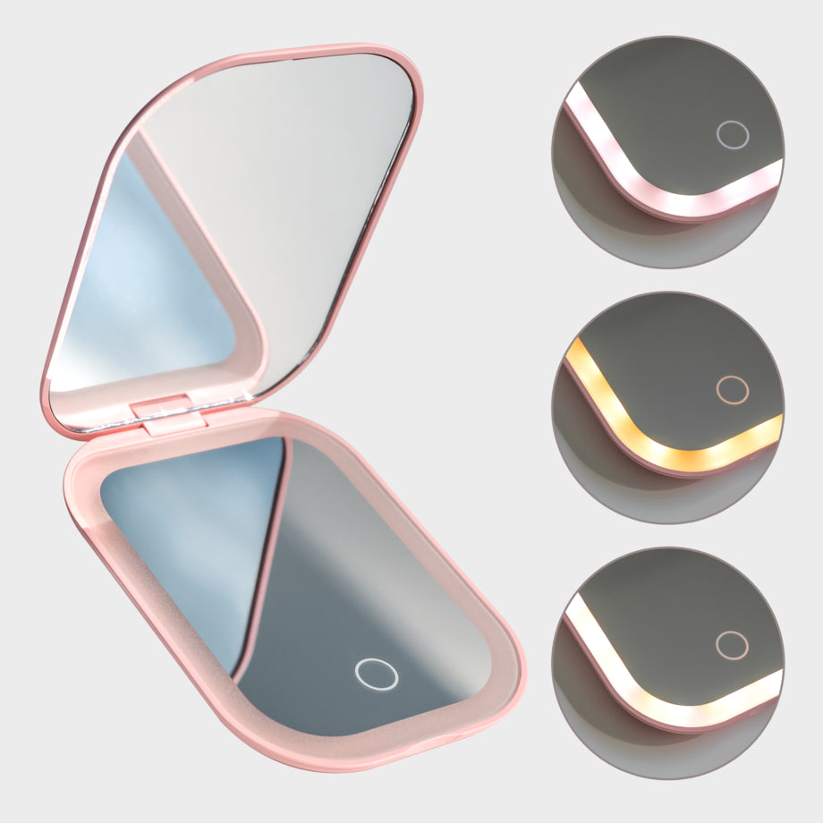 Compacte LED spiegel in roségoud – drie lichtstanden koel, medium en warm