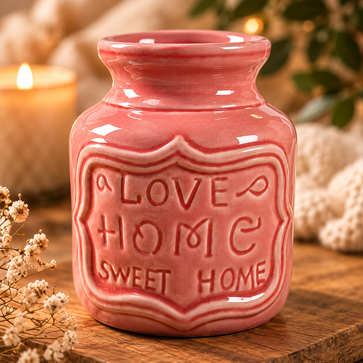 Home Sweet Home wax brander Rose van glanzend roze keramiek met sierlijke tekst in een warme, sfeervolle woonomgeving.