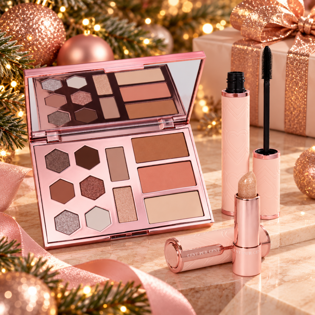 Cent Pur Cent Self-Love Confidence Make-up Set met Face Palette, Mascara en Lipstick in een feestelijke kerstsfeer.