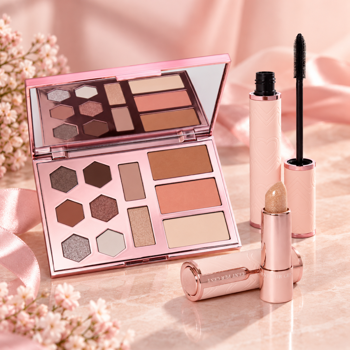 Self-Love Confidence make-up cadeauset van Cent Pur Cent met oogschaduwpalette, mascara en lipstick op een luxe roze achtergrond.