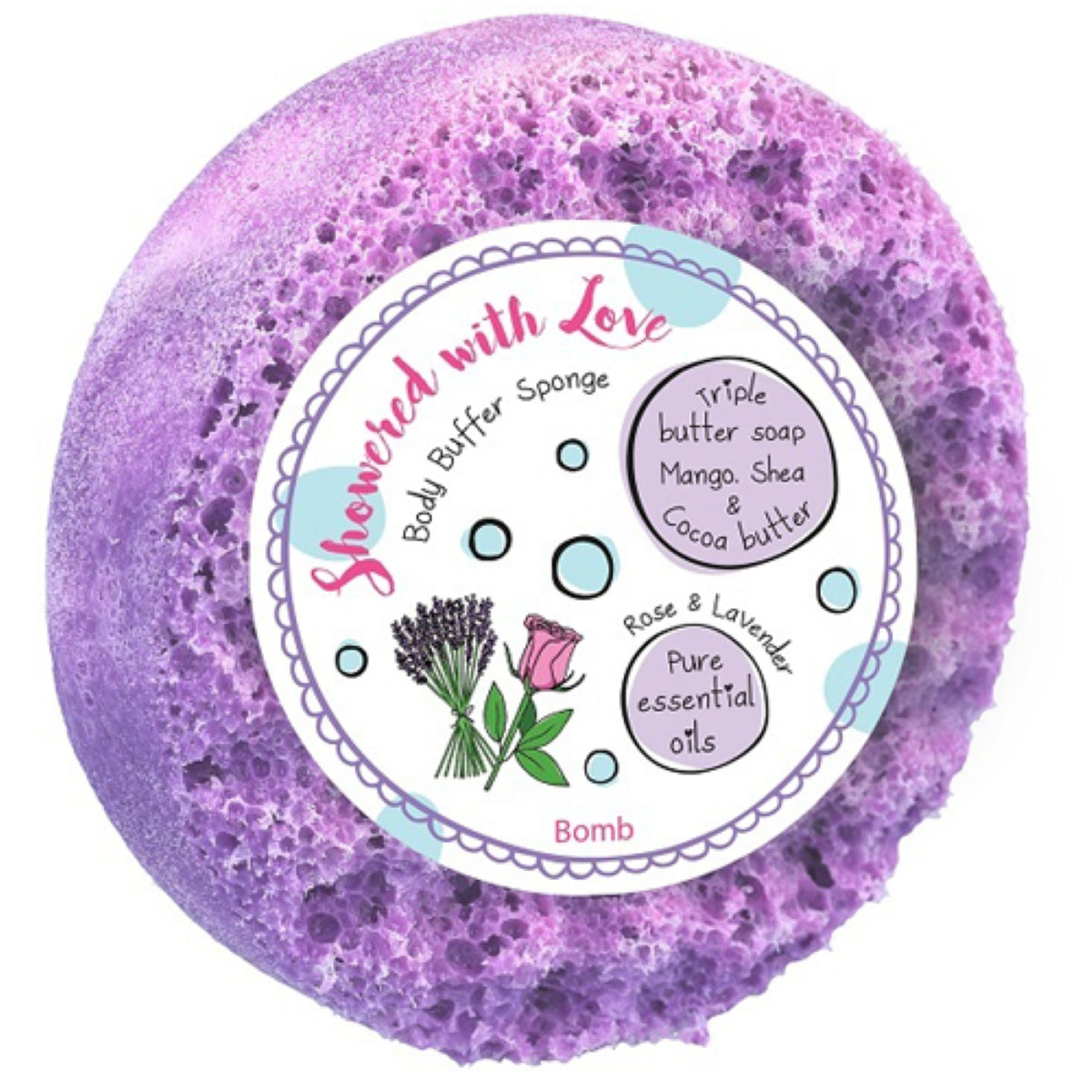 Bomb Cosmetics Showered With Love Body Buffer – scrubspons met lavendel & roos voor een zachte, kalmerende douchebeleving.