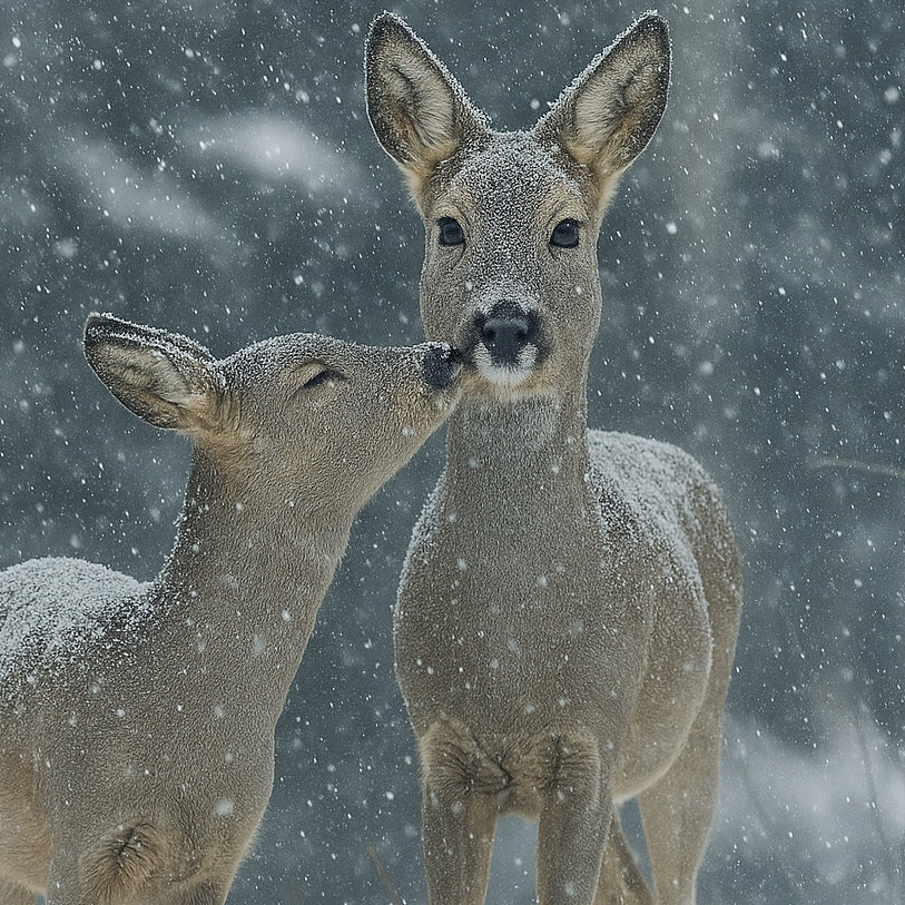 Twee herten in een besneeuwd winterbos met vallende sneeuwvlokken – de serene, frisse sfeer van de Snow Kissed Waxmelt. Handgemaakt van sojawas