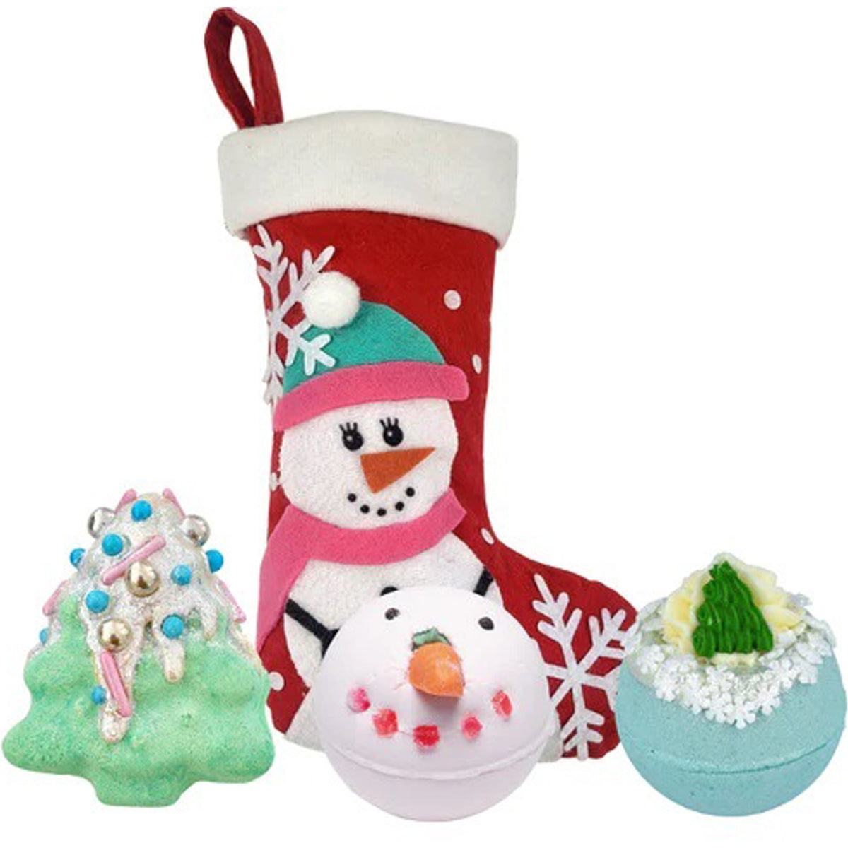 Bomb Cosmetics Snowlady Stocking kerstsok gevuld met Oh Christmas Tree-tment, Chilly Millie en Say It Ain’t Snow Bath Blasters