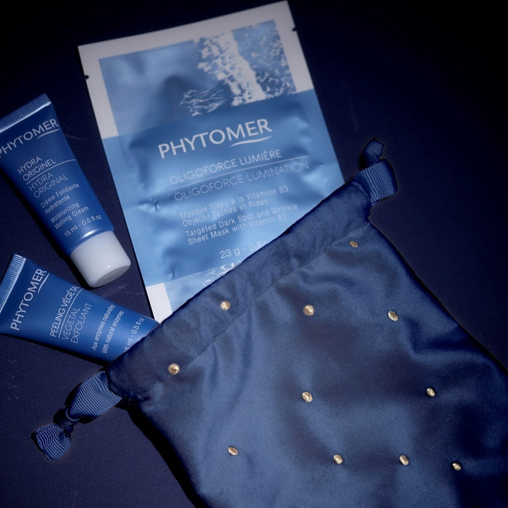 Phytomer The Spa Ritual Christmas 2025 set met Hydra Originel, Peeling Végétal en Oligoforce Lumination masker in blauw tasje
