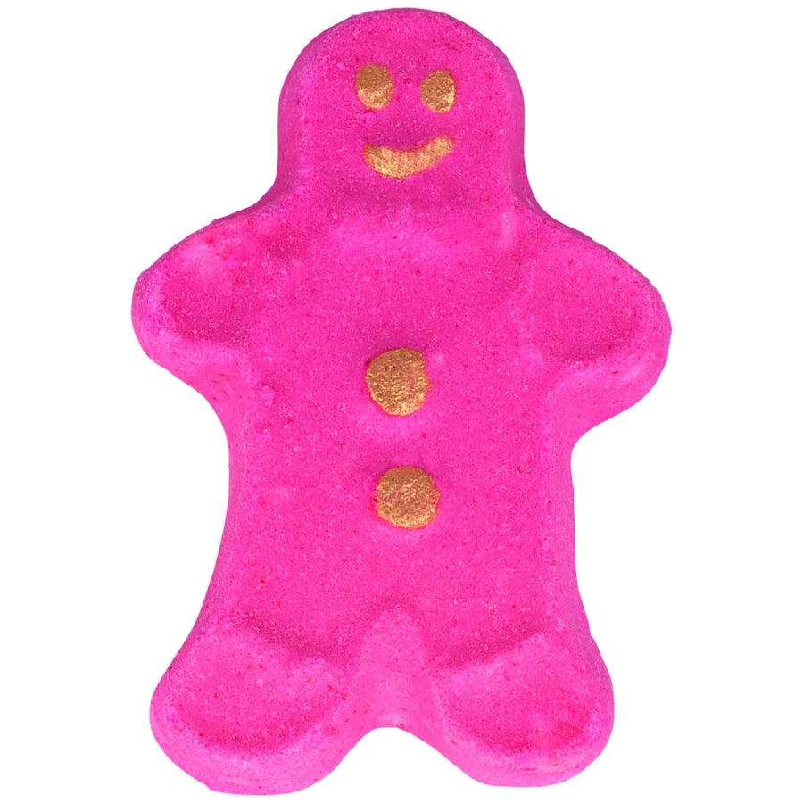 Bomb Cosmetics Sporty Spice Bath Blaster – donkerroze gingerbread poppetje met paarse knoopjes