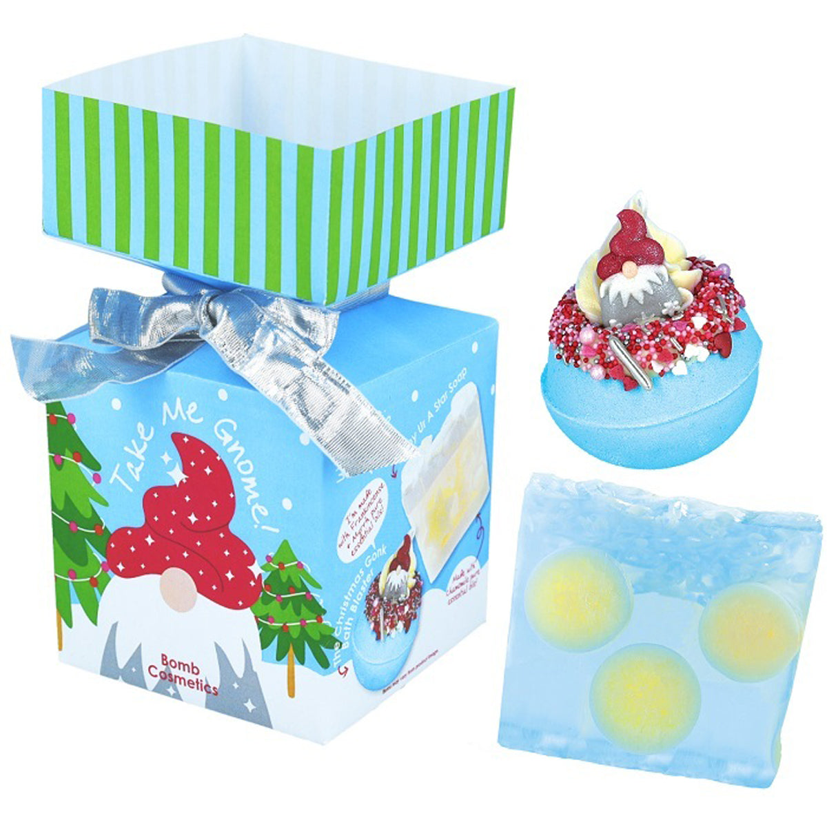 Bomb Cosmetics Take Me Gnome mini kerstcracker met kerstdoos, Gonk Bath Blaster en Snowglobe Soap