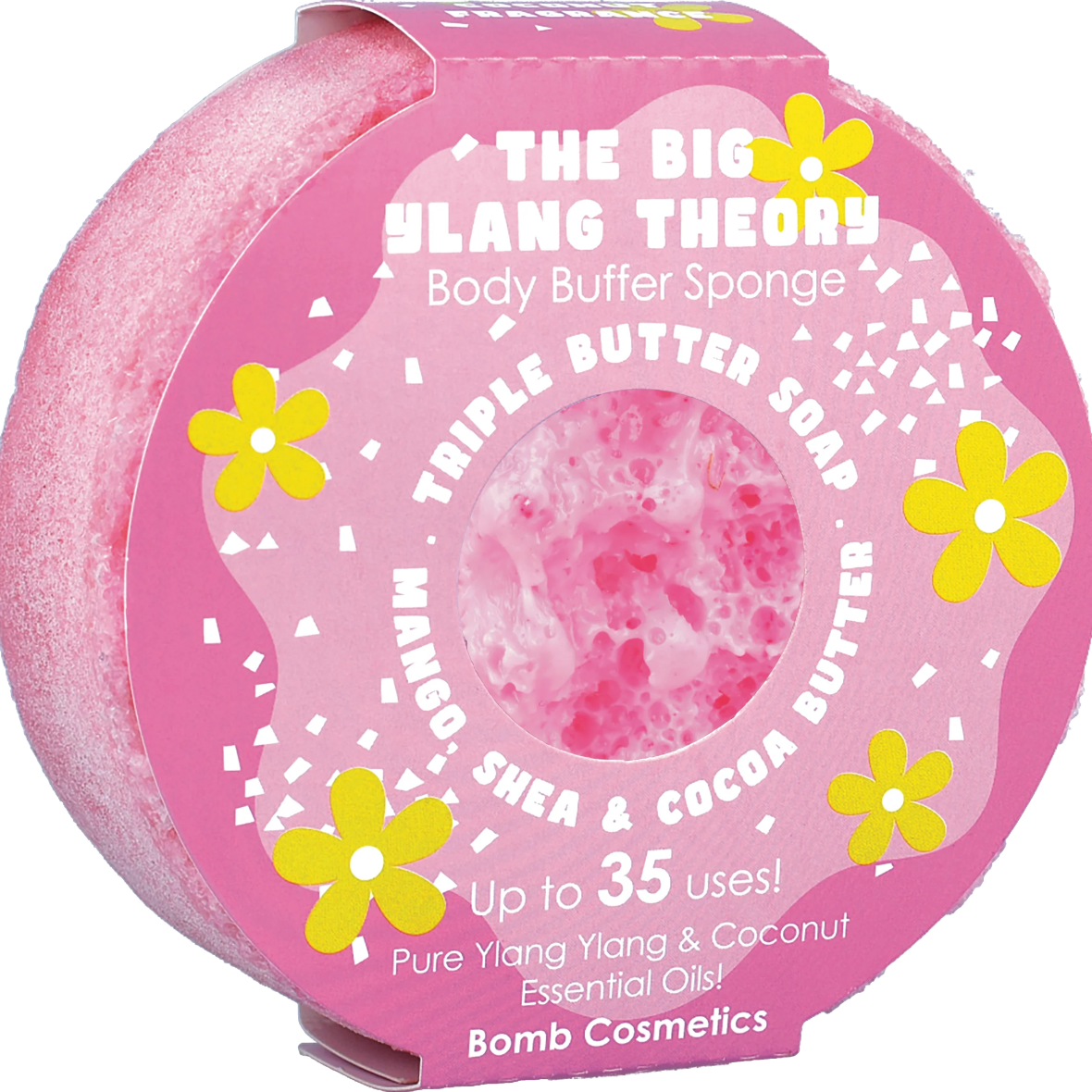 Bomb Cosmetics The Big Ylang Theory Body Buffer – exfoliërende spons met shea-, cacao- en mangoboter, ylang ylang- en kokosolie