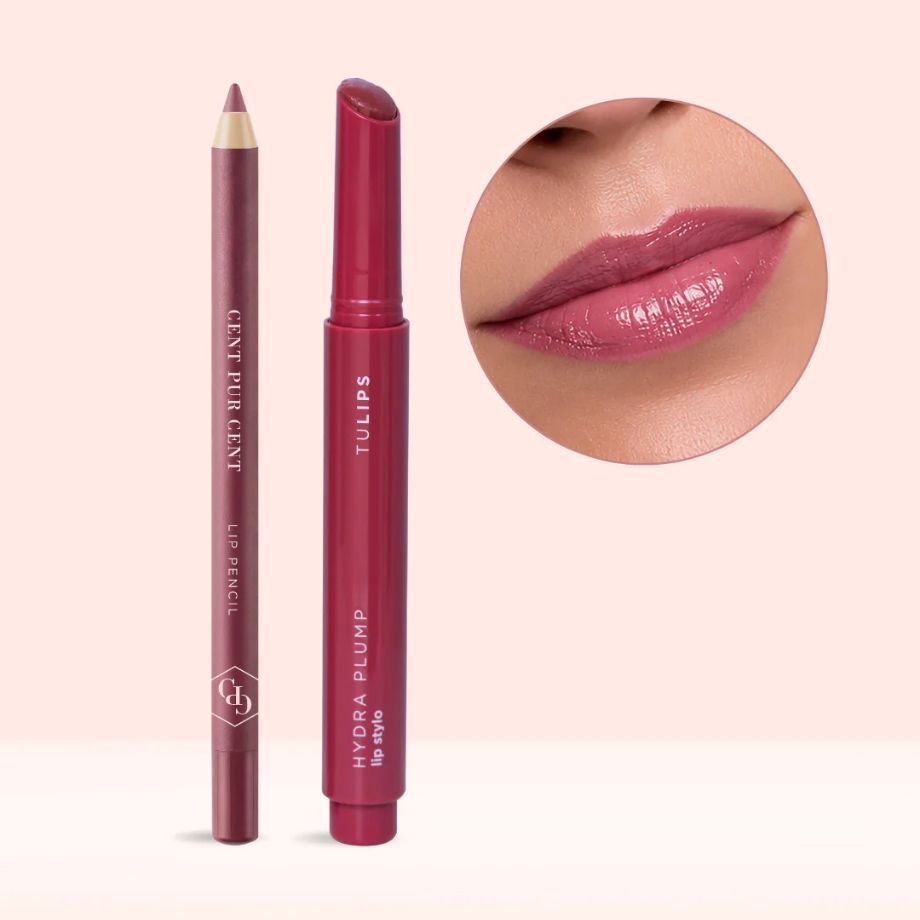Petal Crush lipcombinatie met Waterproof Lip Pencil Nude Mauve en Hydra Plump Lip Stylo Tulips