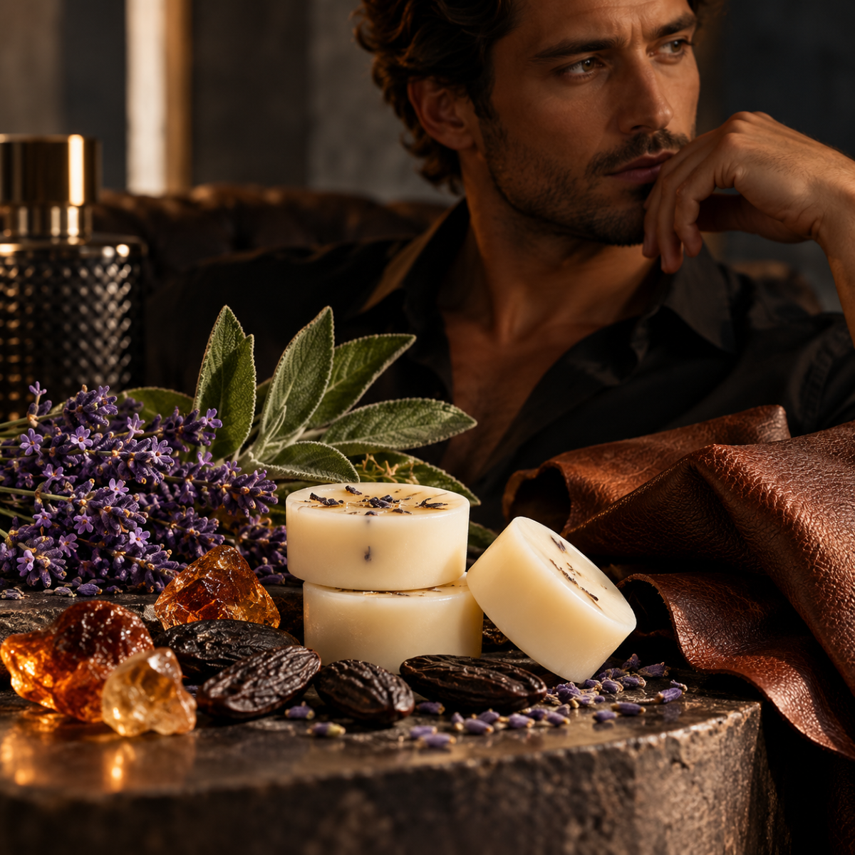 Velvet Rebel Waxmelt – luxe kruidige parfumgeur met lavendel, salie, tonkaboon en amber, sfeervol afgebeeld met een elegante man en warme leerdetails.