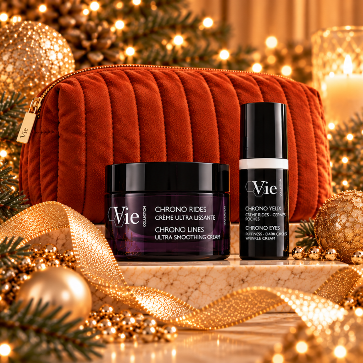 Vie Collection Chrono Rides Crème Ultra Lissante met gratis Chrono Yeux oogcrème en luxe toilettas in warme kerstsfeer.