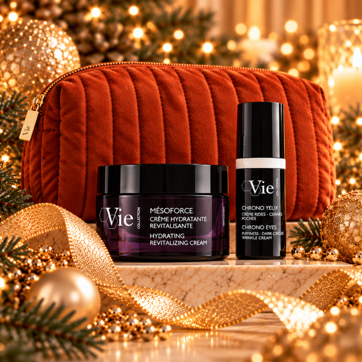 Vie Collection Mésoforce Crème Hydra Revitalisante met gratis Chrono Yeux oogcrème en terracotta toilettas als kerstgeschenk.