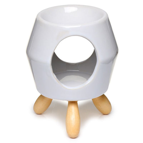 Witte keramieken waxbrander met houten pootjes – modern design