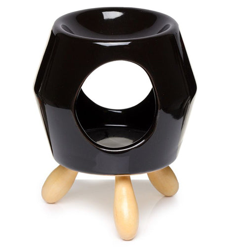 Zwarte keramieken waxbrander met houten pootjes – modern design