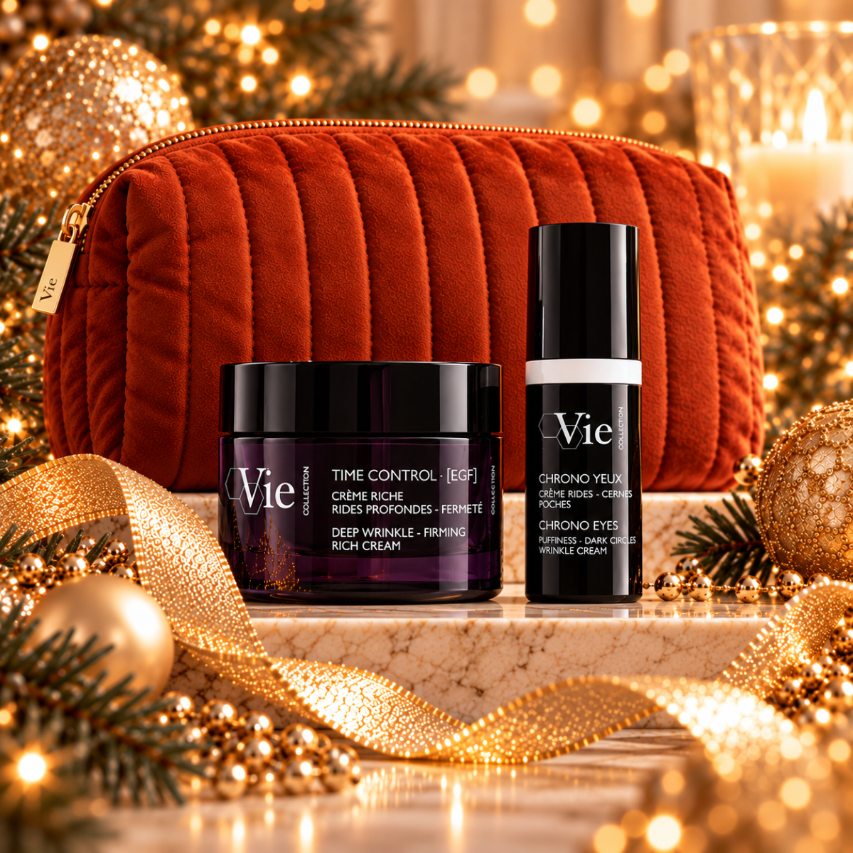 Vie Collection Time Control Crème EGF met gratis Chrono Yeux oogcrème en luxe toilettas, feestelijk gepresenteerd.