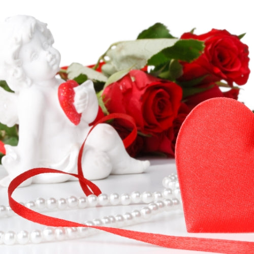 Spel der Liefde Waxmelt – geurblokje van sojawas met fruitige en bloemige geur. Foto met rode rozen, hartje en parels als symbool voor romantiek.